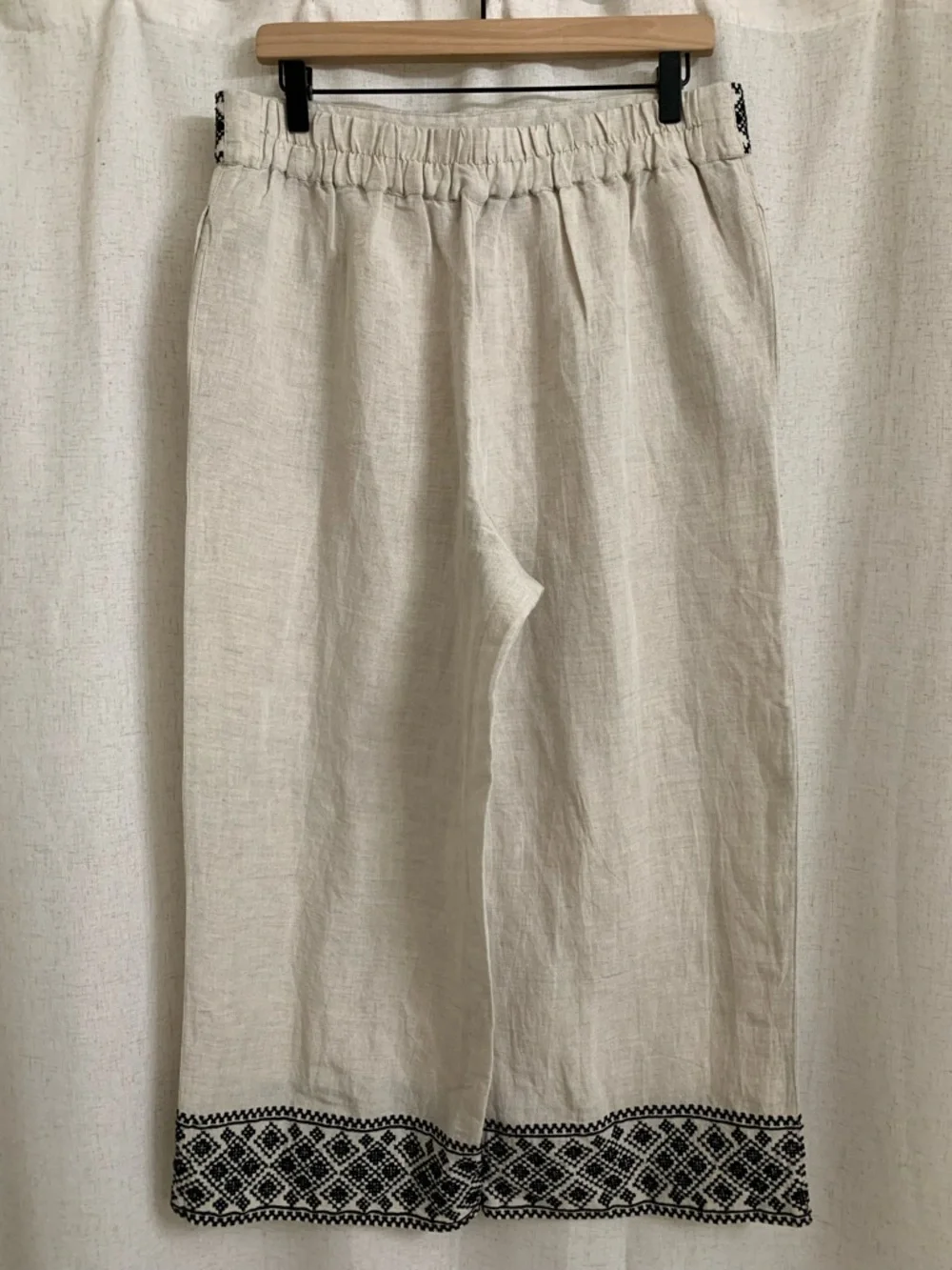 Boston Proper Malibu Embroidered Pull On Linen Blend Wide Leg Crop Cream Pant M - Picture 5 of 8
